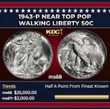1943-p Walking Liberty Half Dollar Near Top Pop 50c ms68 SEGS