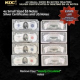 4x Small Sized $5 Notes 1934/1953 Silver Certificates & 1953/1963 $5 US Notes Heavily Circulated