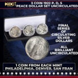 3 Coin 1922 P, D, S Peace Dollar Set, 1 Coin From Each Mint Uncirculated