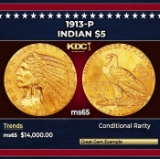 1913-p Gold Indian Half Eagle $5 ms65 USCG