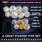 7 Coin Collecting Starter Type Kit. Barber 10c, Walker 50c, Standing Liberty 25c, 3cn, SBA$1, Steel