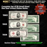 Complete Set of $5 Small Size Red Seal United States Notes 1928, 1953 & 1963 AU/CU