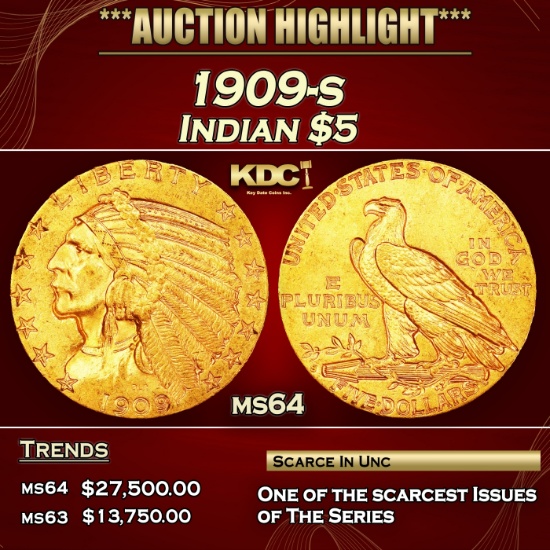 1909-s Gold Indian Half Eagle $5 ms64 USCG
