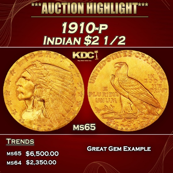 1910-p Gold Indian Quarter Eagle $2 1/2 ms65 SEGS