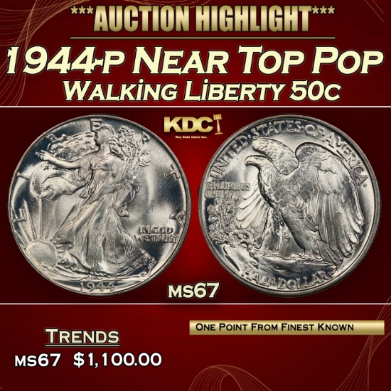 1944-p Walking Liberty Half Dollar Near Top Pop 50c ms67 SEGS