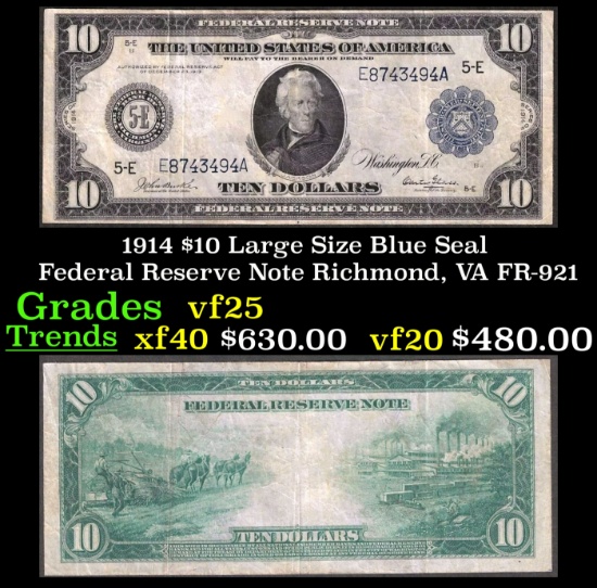 1914 $10 Large Size Blue Seal Federal Reserve Note Richmond, VA Grades vf+ FR-921