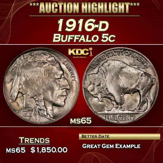 1916-d Buffalo Nickel 5c ms65 SEGS