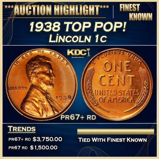 1938 Proof Lincoln Cent TOP POP! 1c pr67+ rd SEGS