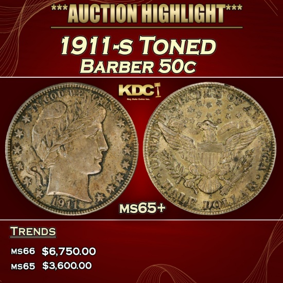 1911-s Barber Half Dollars Toned  50c ms65+ SEGS