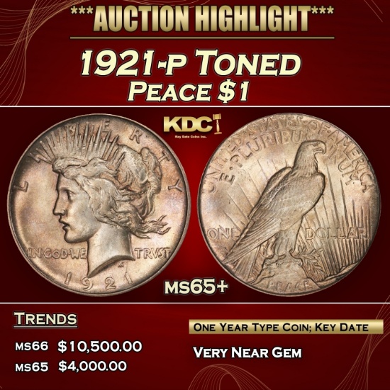 1921-p Peace Dollar Toned $1 ms65+ SEGS
