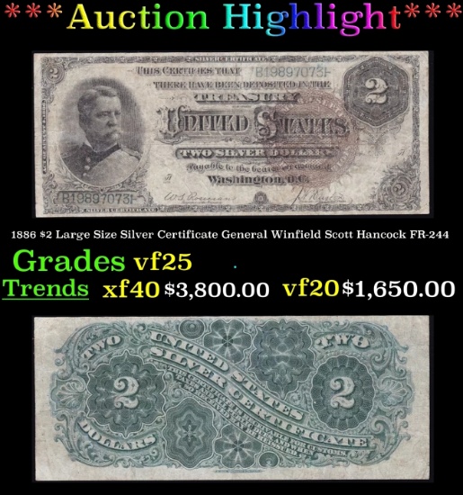 1886 $2 Large Size Silver Certificate General Winfield Scott Hancock Grades vf+ FR-244