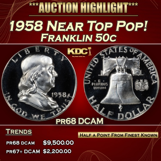 1958 Proof Franklin Half Dollar Near Top Pop! 50c pr68 DCAM SEGS