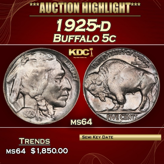 1925-d Buffalo Nickel 5c ms64 SEGS