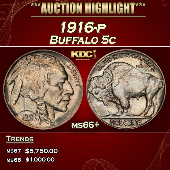 1916-p Buffalo Nickel 5c ms66+ SEGS