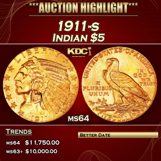 1911-s Gold Indian Half Eagle $5 ms64 USCG