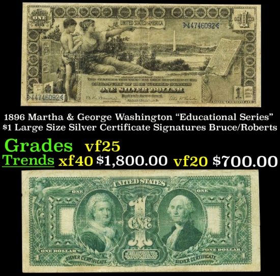 1896 $1 large size Silver Certificate Martha & George Washington "Educational Series" Grades vf+ Sig
