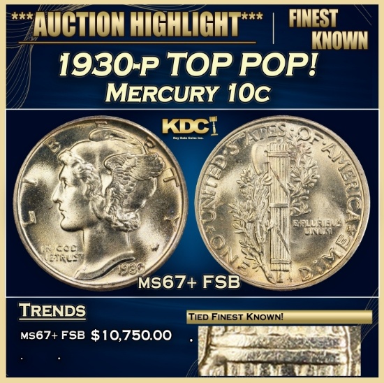 1930-p Mercury Dime TOP POP! 10c ms67+ FSB SEGS