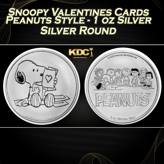 Snoopy Valentines Cards Peanuts Style - 1 oz Silver Round Round