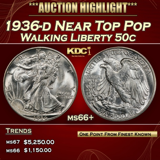 1936-d Walking Liberty Half Dollar Near Top Pop 50c ms66+ SEGS