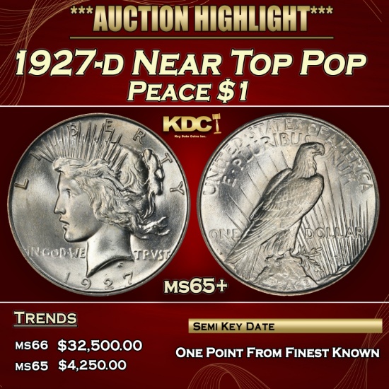 1927-d Peace Dollar Near Top Pop $1 ms65+ SEGS