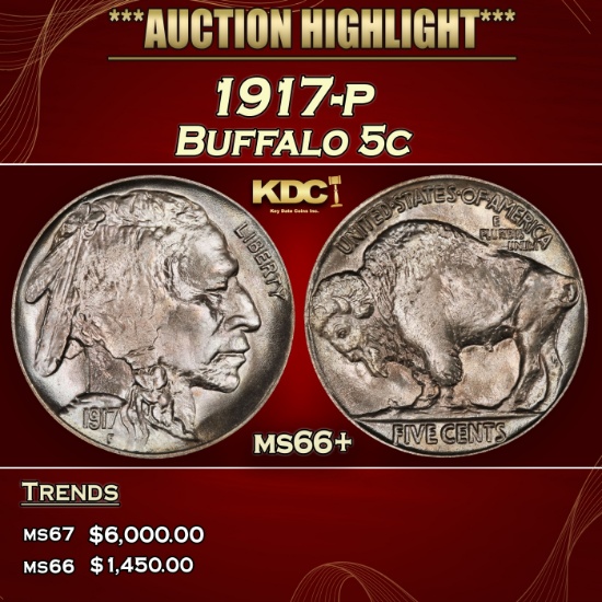 1917-p Buffalo Nickel 5c ms66+ SEGS