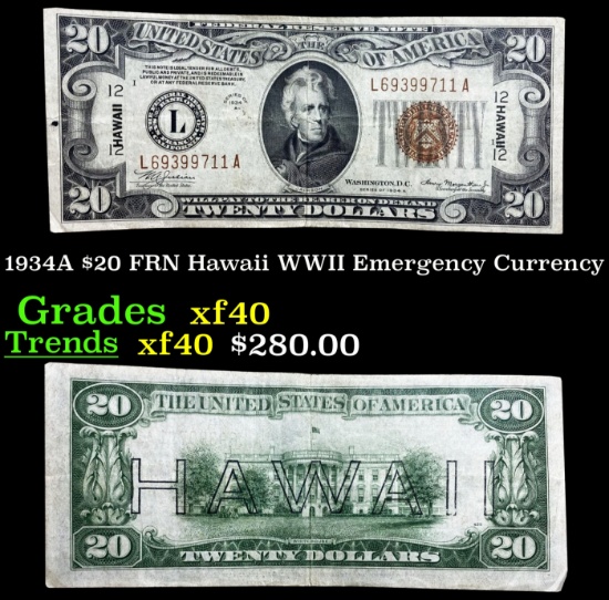 1934A $20 FRN Hawaii WWII Emergency Currency Grades xf