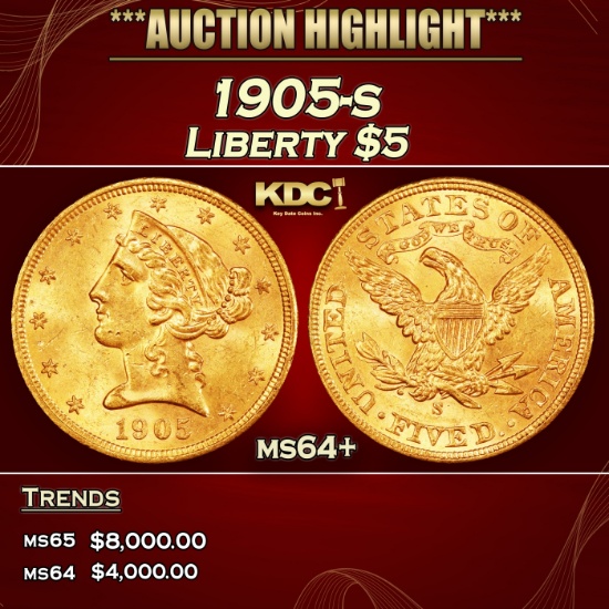 1905-s Gold Liberty Half Eagle $5 ms64+ SEGS