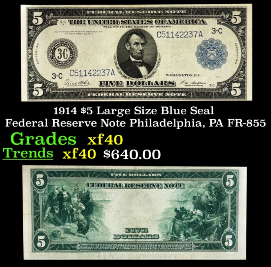 1914 $5 Large Size Blue Seal Federal Reserve Note Philadelphia, PA Grades xf FR-855