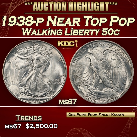 1938-p Walking Liberty Half Dollar Near Top Pop 50c ms67 SEGS