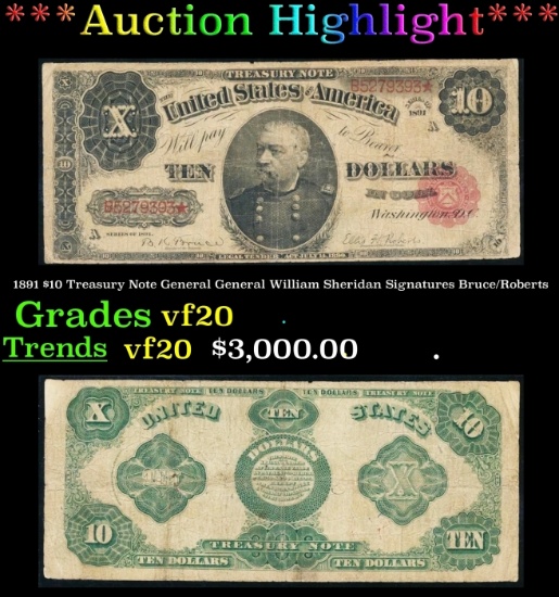 1891 $10 Treasury Note General General William Sheridan Grades vf20 Signatures Bruce/Roberts