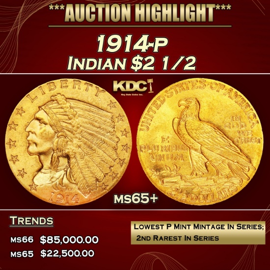 1914-p Gold Indian Quarter Eagle $2 1/2 ms65+ SEGS