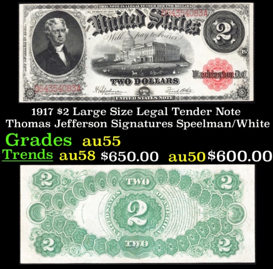 1917 $2 Large Size Legal Tender Note Thomas Jefferson Grades Choice AU Signatures Speelman/White