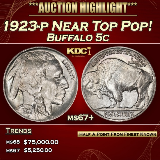 1923-p Buffalo Nickel Near Top Pop! 5c ms67+ SEGS