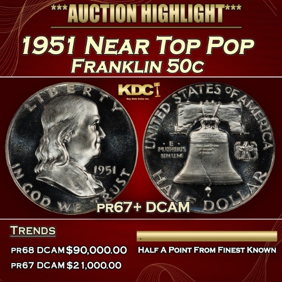 1951 Proof Franklin Half Dollar Near Top Pop 50c pr67+ DCAM SEGS