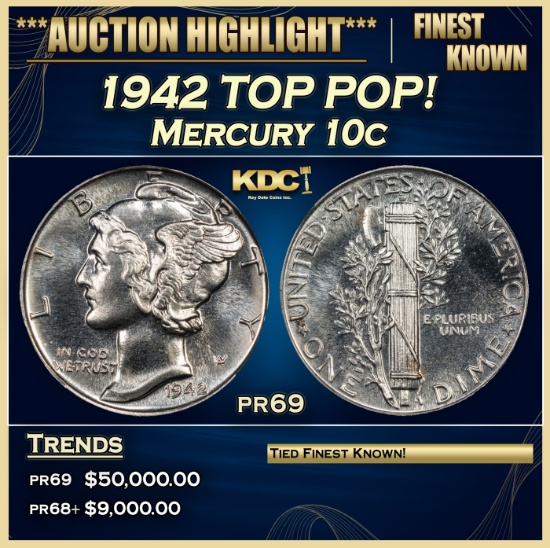 1942 Proof Mercury Dime TOP POP! 10c pr69 SEGS