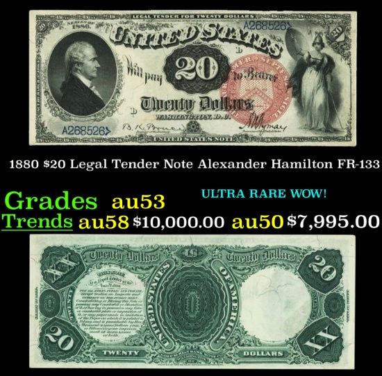1880 $20 Legal Tender Note Alexander Hamilton Grades Select AU FR-133