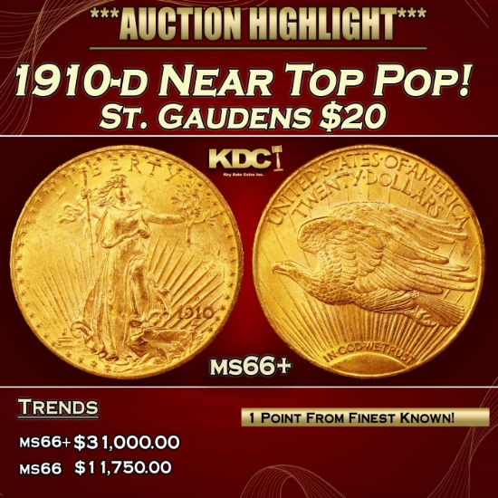 1910-d Gold St. Gaudens Double Eagle Near Top Pop! $20 ms66+ SEGS