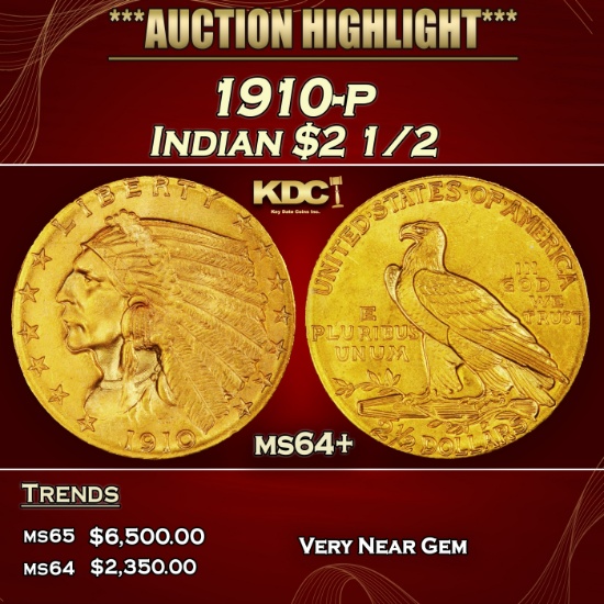 1910-p Gold Indian Quarter Eagle $2 1/2 ms64+ SEGS