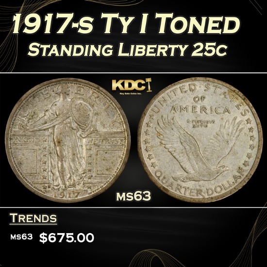 1917-s Ty I Standing Liberty Quarter Toned 25c Grades ms63