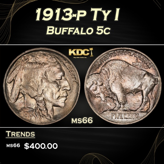 1913-p Ty I Buffalo Nickel 5c Grades ms66