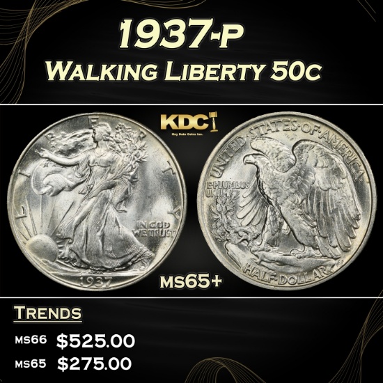 1937-p Walking Liberty Half Dollar 50c Grades ms65+