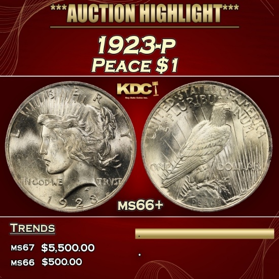1923-p Peace Dollar $1 ms66+ SEGS