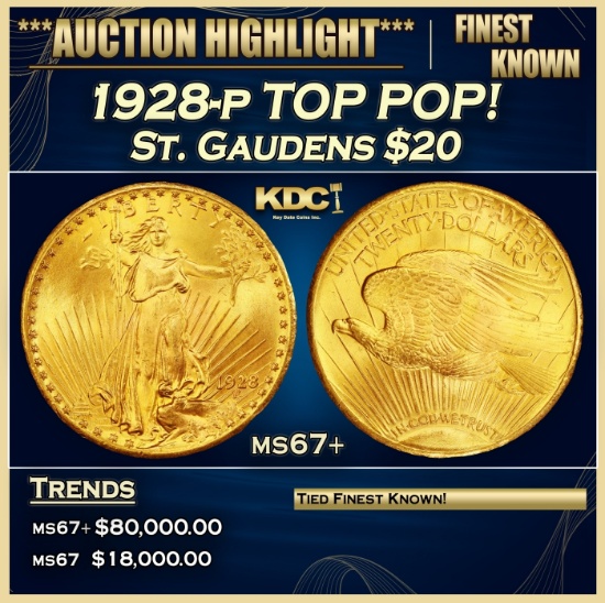 1928-p Gold St. Gaudens Double Eagle TOP POP! $20 ms67+ SEGS