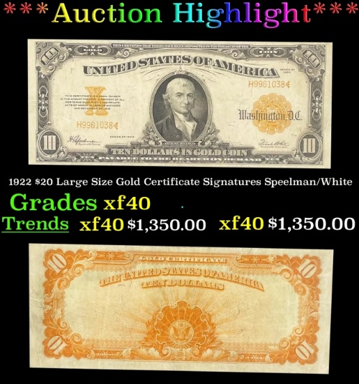 1922 $20 Large Size Gold Certificate Grades xf Signatures Speelman/White