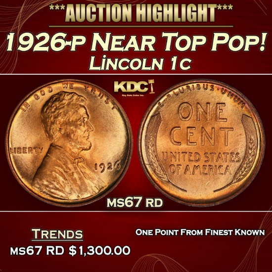 1926-p Lincoln Cent Near Top Pop! 1c ms67 rd SEGS