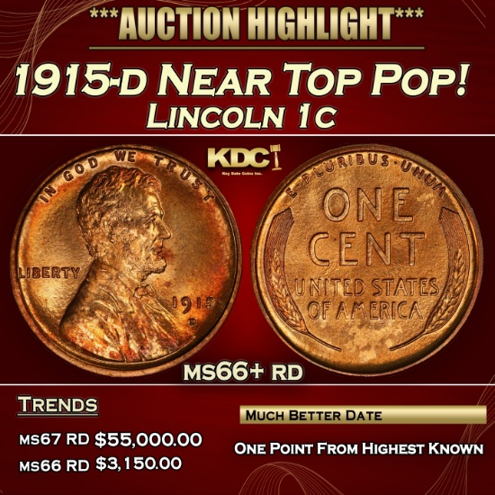 1915-d Lincoln Cent Near Top Pop! 1c ms66+ rd SEGS