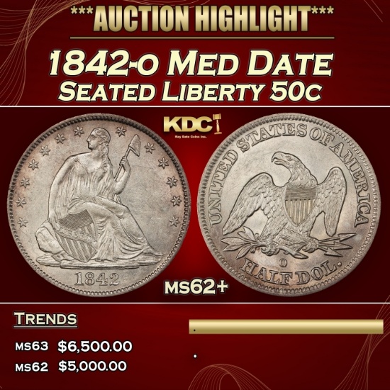 1842-o Med Date Seated Half Dollar 50c ms62+ USCG