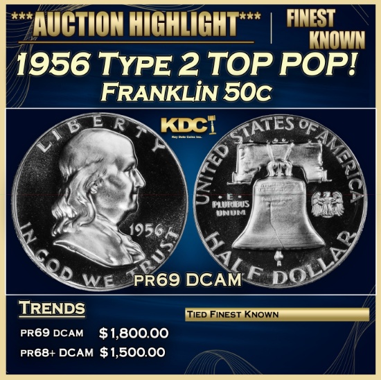 1956 Type 2 Proof Franklin Half Dollar TOP POP! 50c pr69 DCAM SEGS