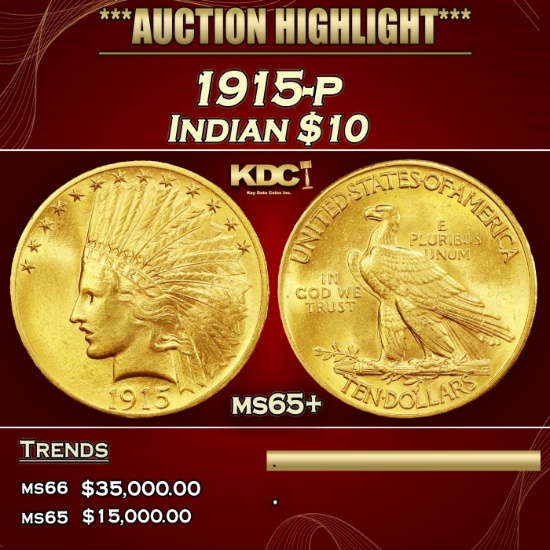 1915-p Gold Indian Eagle $10 ms65+ SEGS
