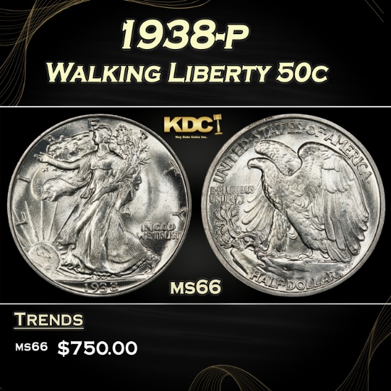 1938-p Walking Liberty Half Dollar 50c Grades ms66